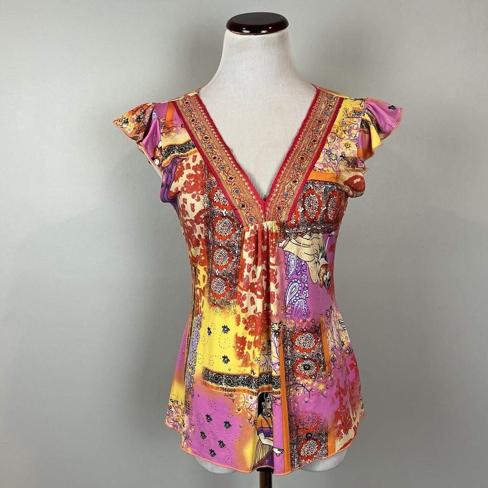Y2K Pink Blouse Size Medium Empire V Neck India Print Flutter Sleeve